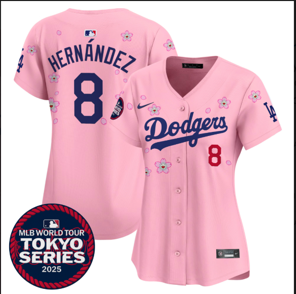 Women Los Angeles Dodgers #8 Hernandez Tokyo Series 2025 pink Limited Stitched Jersey->women mlb jersey->Women Jersey